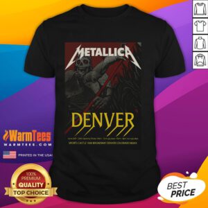Alt Text: Official Metallica M72 World Tour 2025 Denver setlist poster T-shirt featuring concert dates June 26-29.